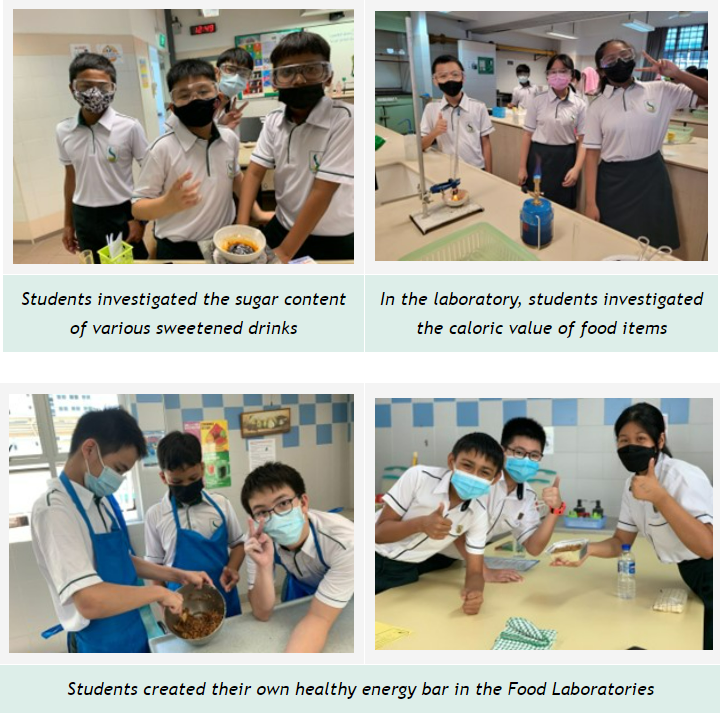 Four photos show masked students doing food science activities: testing drinks, lab experiments, and making energy bars.